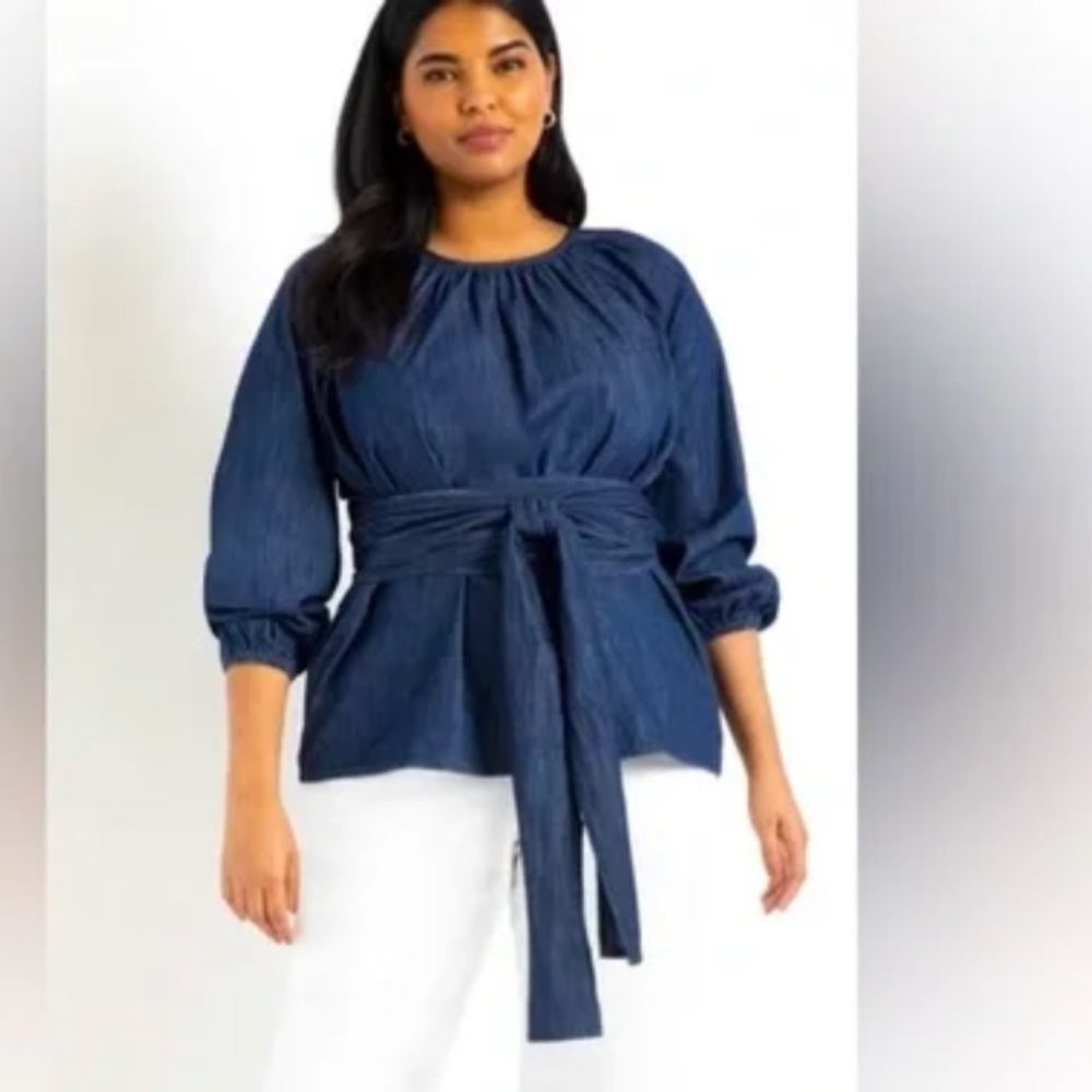 Eloquii Dark Denim Chambray 3/4 Sleeve Faux Wrap Blouse (20)
